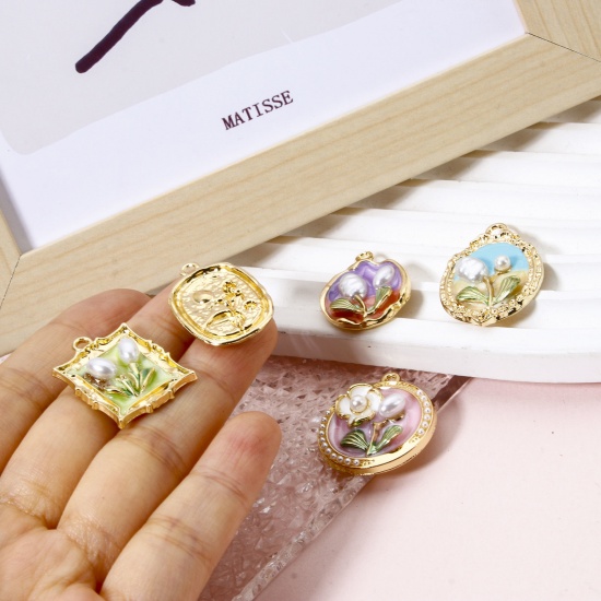 5 PCs Zinc Based Alloy Oil Painting Style Charms Gold Plated Multicolor Flower Enamel の画像