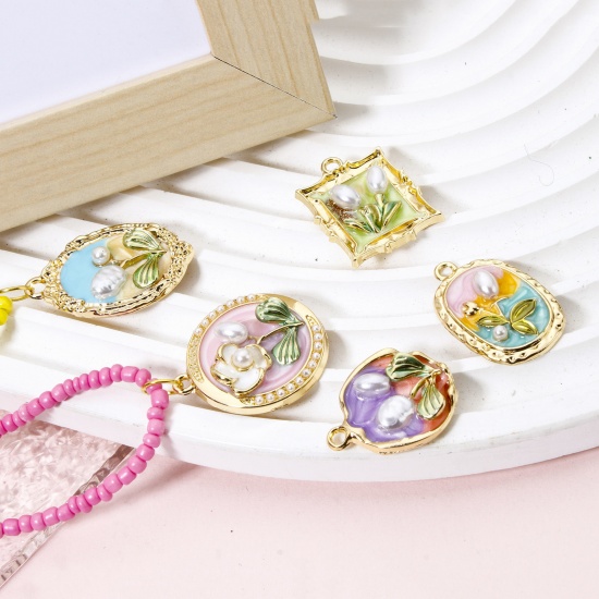 5 PCs Zinc Based Alloy Oil Painting Style Charms Gold Plated Multicolor Flower Enamel の画像