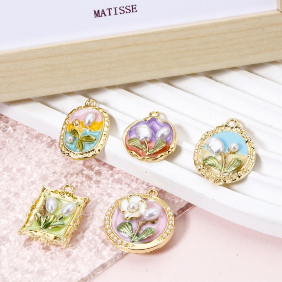 5 PCs Zinc Based Alloy Oil Painting Style Charms Gold Plated Multicolor Flower Enamel の画像