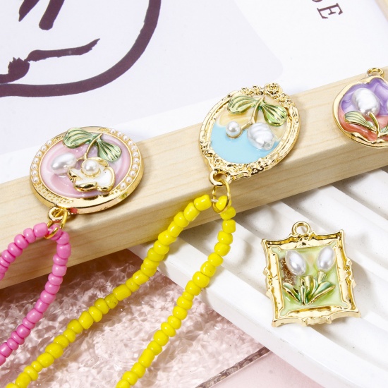 5 PCs Zinc Based Alloy Oil Painting Style Charms Gold Plated Multicolor Flower Enamel の画像