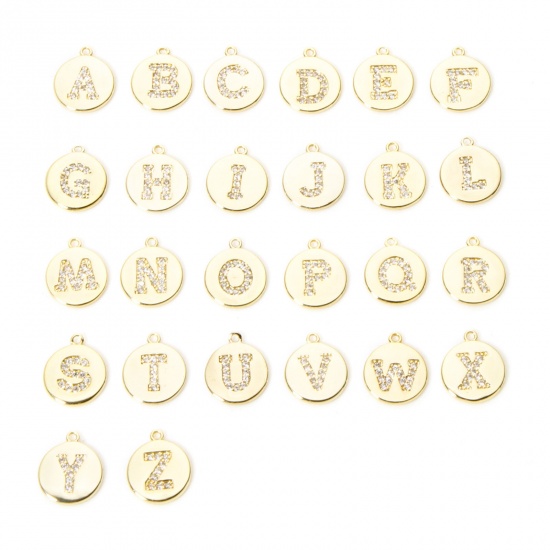 Immagine di 2 Pz Ottone Ciondoli Tondo Placcato Oro 18K Lettera Maiuscola Micro Spianare Trasparente Cubic Zirconiae 12mm x 10mm