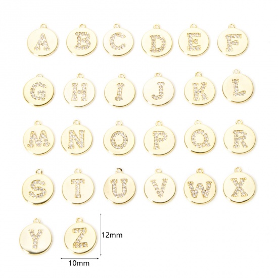 Immagine di 2 Pz Ottone Ciondoli Tondo Placcato Oro 18K Lettera Maiuscola Micro Spianare Trasparente Cubic Zirconiae 12mm x 10mm