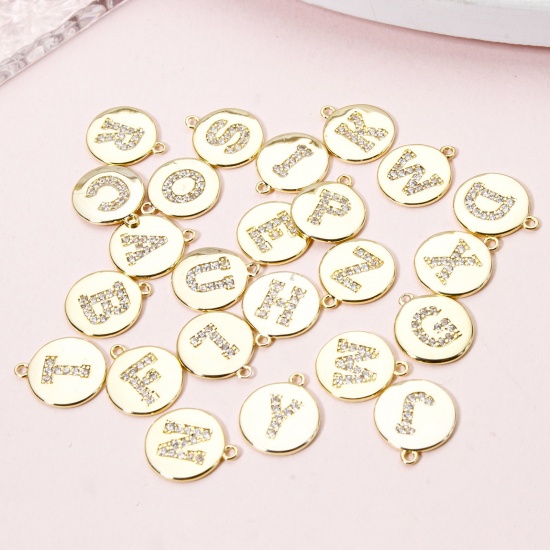 Immagine di 2 Pz Ottone Ciondoli Tondo Placcato Oro 18K Lettera Maiuscola Micro Spianare Trasparente Cubic Zirconiae 12mm x 10mm