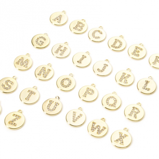 Immagine di 2 Pz Ottone Ciondoli Tondo Placcato Oro 18K Lettera Maiuscola Micro Spianare Trasparente Cubic Zirconiae 12mm x 10mm