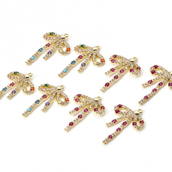 Picture of Brass Clothes Charms 18K Gold Plated Bowknot Micro Pave Multicolour Cubic Zirconia 28mm x 18mm