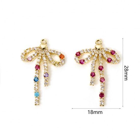 Picture of Brass Clothes Charms 18K Gold Plated Bowknot Micro Pave Multicolour Cubic Zirconia 28mm x 18mm