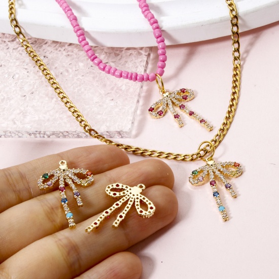Picture of Brass Clothes Charms 18K Gold Plated Bowknot Micro Pave Multicolour Cubic Zirconia 28mm x 18mm