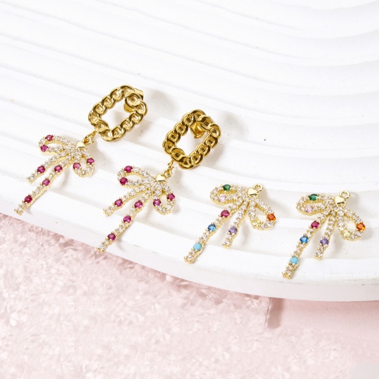 Picture of Brass Clothes Charms 18K Gold Plated Bowknot Micro Pave Multicolour Cubic Zirconia 28mm x 18mm