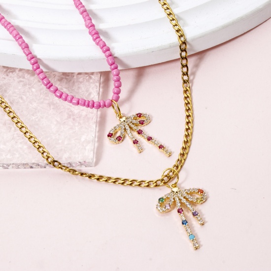 Picture of Brass Clothes Charms 18K Gold Plated Bowknot Micro Pave Multicolour Cubic Zirconia 28mm x 18mm