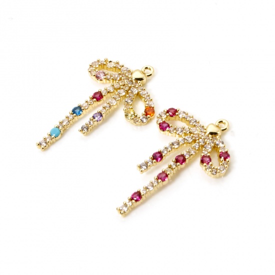 Picture of Brass Clothes Charms 18K Gold Plated Bowknot Micro Pave Multicolour Cubic Zirconia 28mm x 18mm