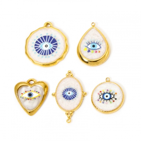 Eco-friendly PVD Vacuum Plating 304 Stainless Steel Religious Charms 18K Real Gold Plated White & Blue Round Evil Eye Enamel