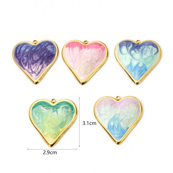 Picture of 1 Piece Eco-friendly PVD Vacuum Plating 304 Stainless Steel Valentine's Day Pendants 18K Real Gold Plated Multicolor Heart Enamel 3.1cm x 2.9cm