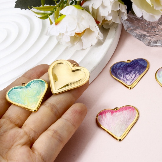 Picture of 1 Piece Eco-friendly PVD Vacuum Plating 304 Stainless Steel Valentine's Day Pendants 18K Real Gold Plated Multicolor Heart Enamel 3.1cm x 2.9cm