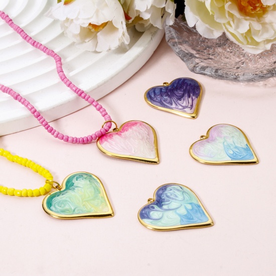 Picture of 1 Piece Eco-friendly PVD Vacuum Plating 304 Stainless Steel Valentine's Day Pendants 18K Real Gold Plated Multicolor Heart Enamel 3.1cm x 2.9cm