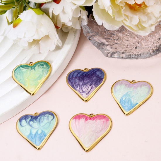 Picture of 1 Piece Eco-friendly PVD Vacuum Plating 304 Stainless Steel Valentine's Day Pendants 18K Real Gold Plated Multicolor Heart Enamel 3.1cm x 2.9cm