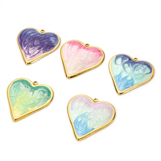 Picture of 1 Piece Eco-friendly PVD Vacuum Plating 304 Stainless Steel Valentine's Day Pendants 18K Real Gold Plated Multicolor Heart Enamel 3.1cm x 2.9cm