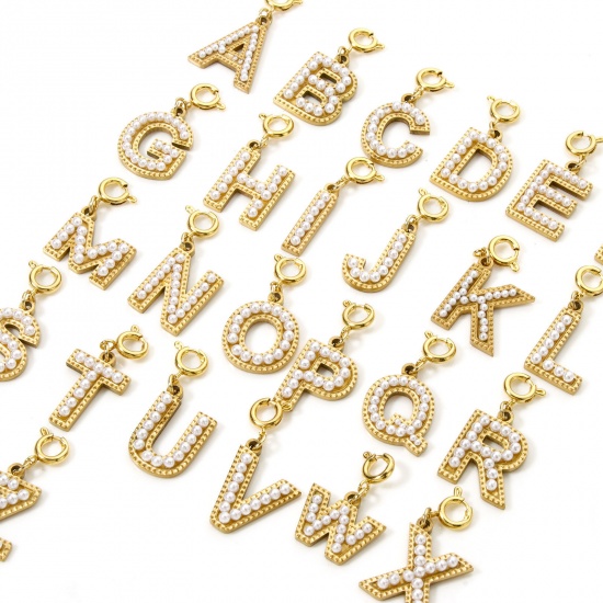 Image de 1 Pièce Breloques en 304 Acier Inoxydable Revêtement sous Vide PVD Respectueux de l'Environnement Plaqué Or 18K Alphabet Initial/ Lettre Majuscule Gravé Mots" A-Z " Perle Imitation Acrylique 27mm x 12mm