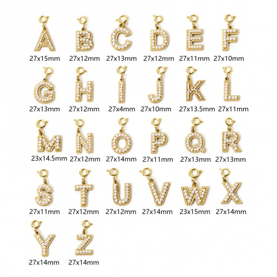 Image de 1 Pièce Breloques en 304 Acier Inoxydable Revêtement sous Vide PVD Respectueux de l'Environnement Plaqué Or 18K Alphabet Initial/ Lettre Majuscule Gravé Mots" A-Z " Perle Imitation Acrylique 27mm x 12mm