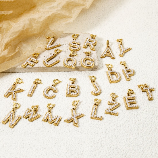 Image de 1 Pièce Breloques en 304 Acier Inoxydable Revêtement sous Vide PVD Respectueux de l'Environnement Plaqué Or 18K Alphabet Initial/ Lettre Majuscule Gravé Mots" A-Z " Perle Imitation Acrylique 27mm x 12mm