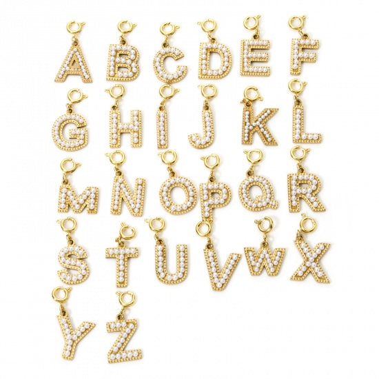 Image de 1 Pièce Breloques en 304 Acier Inoxydable Revêtement sous Vide PVD Respectueux de l'Environnement Plaqué Or 18K Alphabet Initial/ Lettre Majuscule Gravé Mots" A-Z " Perle Imitation Acrylique 27mm x 12mm