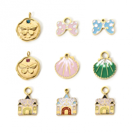 Picture of Eco-friendly PVD Vacuum Plating 304 Stainless Steel Charms 14K Real Gold Plated Multicolor Butterfly Animal Shell Enamel