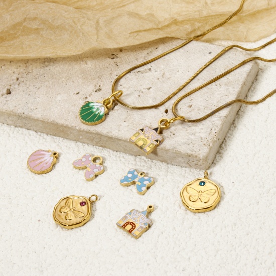 Picture of Eco-friendly PVD Vacuum Plating 304 Stainless Steel Charms 14K Real Gold Plated Multicolor Butterfly Animal Shell Enamel