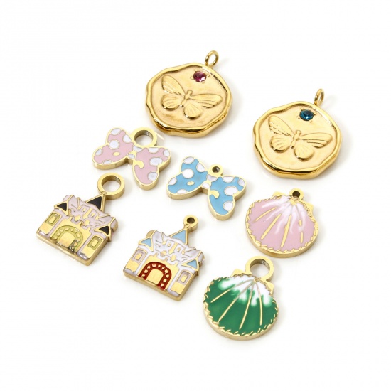 Picture of Eco-friendly PVD Vacuum Plating 304 Stainless Steel Charms 14K Real Gold Plated Multicolor Butterfly Animal Shell Enamel