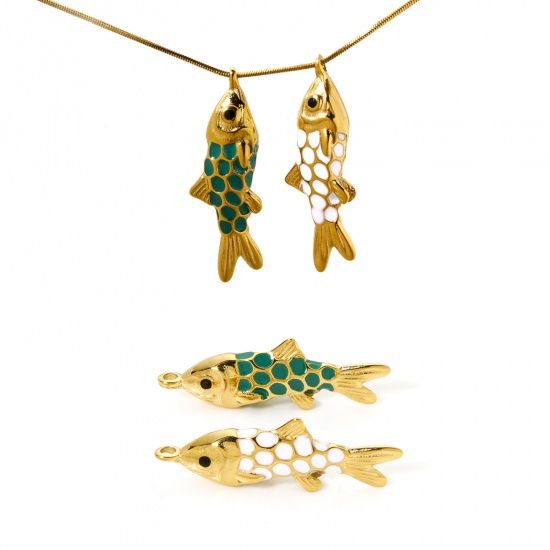 Picture of Eco-friendly PVD Vacuum Plating 304 Stainless Steel Ocean Jewelry Pendants 14K Real Gold Plated Multicolor Fish Animal Enamel 3.7cm x 1.2cm