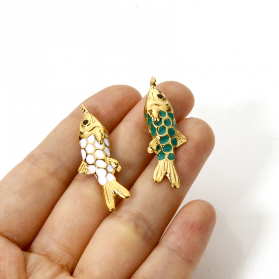 Picture of Eco-friendly PVD Vacuum Plating 304 Stainless Steel Ocean Jewelry Pendants 14K Real Gold Plated Multicolor Fish Animal Enamel 3.7cm x 1.2cm