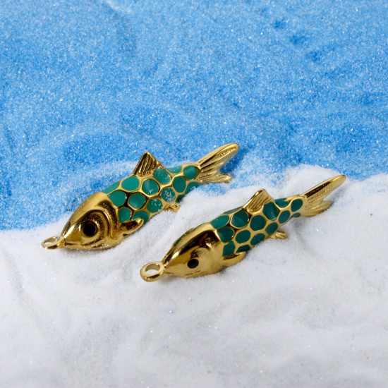 Picture of Eco-friendly PVD Vacuum Plating 304 Stainless Steel Ocean Jewelry Pendants 14K Real Gold Plated Multicolor Fish Animal Enamel 3.7cm x 1.2cm