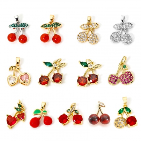 Brass Charm Pendant Real Gold Plated Cherry Fruit