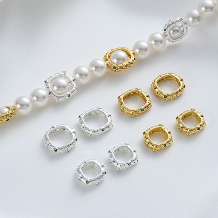Eco-friendly Brass Beads Frames Square Carved Pattern Real Gold Plated Green Cubic Zirconia