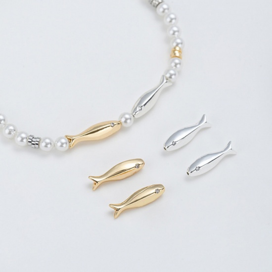 Picture of Eco-friendly Brass Ocean Jewelry Beads For DIY Jewelry Making Real Gold Plated Fish Animal Clear Cubic Zirconia About 15.8mm x 4.2mm, Hole: Approx 4mm