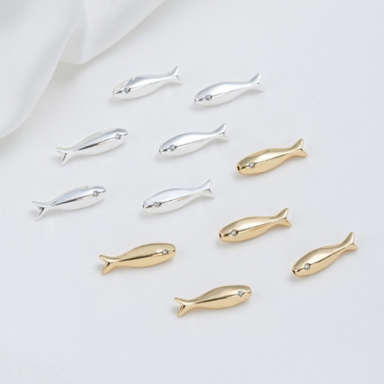 Picture of Eco-friendly Brass Ocean Jewelry Beads For DIY Jewelry Making Real Gold Plated Fish Animal Clear Cubic Zirconia About 15.8mm x 4.2mm, Hole: Approx 4mm