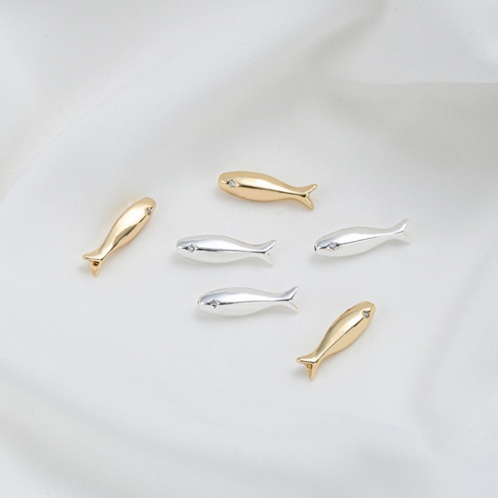 Picture of Eco-friendly Brass Ocean Jewelry Beads For DIY Jewelry Making Real Gold Plated Fish Animal Clear Cubic Zirconia About 15.8mm x 4.2mm, Hole: Approx 4mm