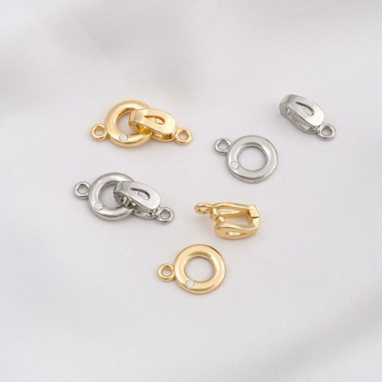 Picture of Eco-friendly Brass Connectors Clasp Round Real Gold Plated Clear Cubic Zirconia 19mm x 10mm