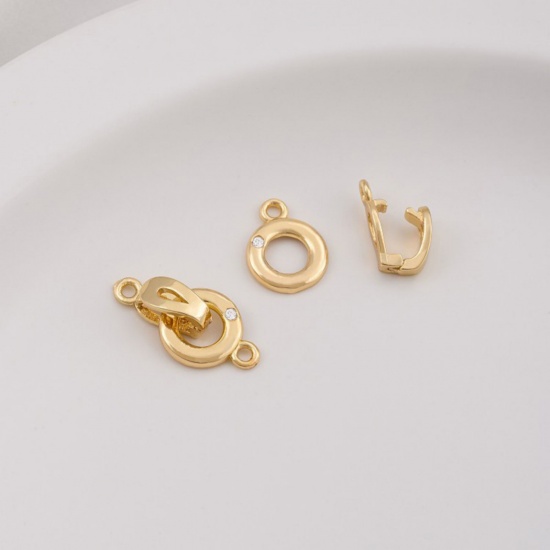 Picture of Eco-friendly Brass Connectors Clasp Round Real Gold Plated Clear Cubic Zirconia 19mm x 10mm