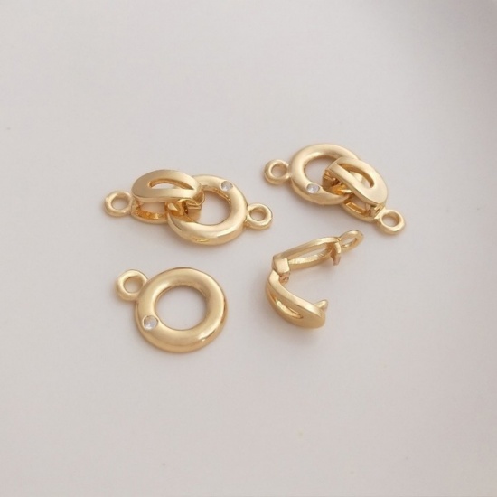 Picture of Eco-friendly Brass Connectors Clasp Round Real Gold Plated Clear Cubic Zirconia 19mm x 10mm