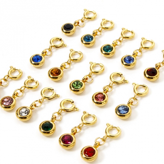 Immagine di 1 Pz Placcatura Sottovuoto PVD Ecologica 304 Acciaio Inossidabile Pietre Nascita Clip su Charm Stile Tondo Placcato Oro 18K Con Chiusura A Molla 20mm x 6.5mm