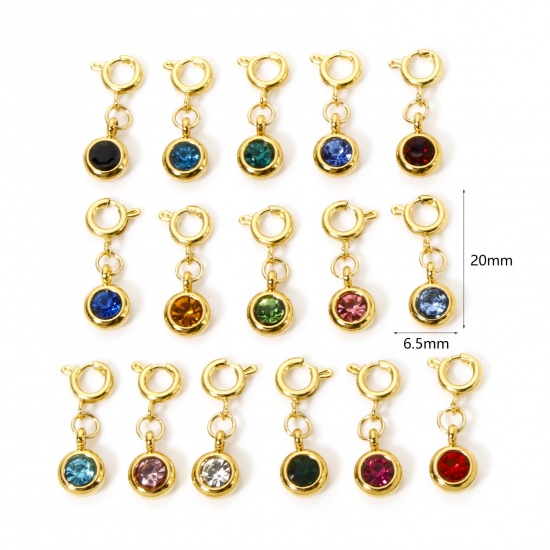 Immagine di 1 Pz Placcatura Sottovuoto PVD Ecologica 304 Acciaio Inossidabile Pietre Nascita Clip su Charm Stile Tondo Placcato Oro 18K Con Chiusura A Molla 20mm x 6.5mm