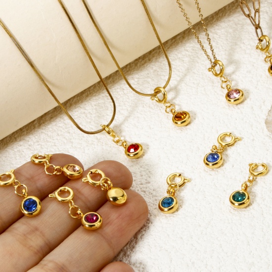 Immagine di 1 Pz Placcatura Sottovuoto PVD Ecologica 304 Acciaio Inossidabile Pietre Nascita Clip su Charm Stile Tondo Placcato Oro 18K Con Chiusura A Molla 20mm x 6.5mm