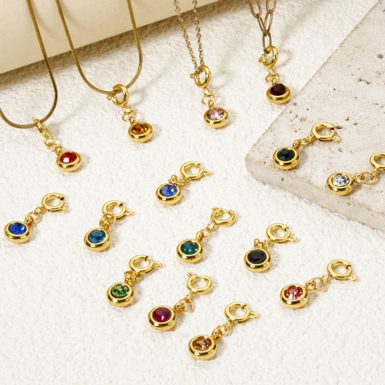 Immagine di 1 Pz Placcatura Sottovuoto PVD Ecologica 304 Acciaio Inossidabile Pietre Nascita Clip su Charm Stile Tondo Placcato Oro 18K Con Chiusura A Molla 20mm x 6.5mm