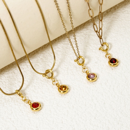 Immagine di 1 Pz Placcatura Sottovuoto PVD Ecologica 304 Acciaio Inossidabile Pietre Nascita Clip su Charm Stile Tondo Placcato Oro 18K Con Chiusura A Molla 20mm x 6.5mm