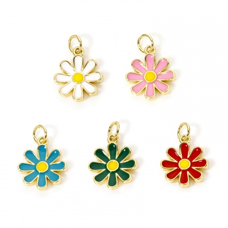 2 PCs Eco-friendly Brass Charms 18K Real Gold Plated Multicolor Daisy Flower Enamel 18mm x 12mm