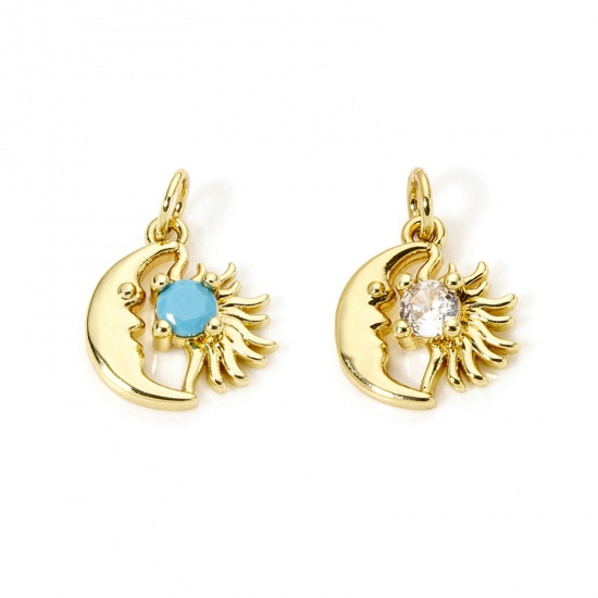 2 PCs Eco-friendly Brass Galaxy Charms 18K Real Gold Plated Sun Moon Face 17.5mm x 13mm の画像