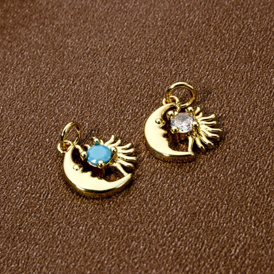 2 PCs Eco-friendly Brass Galaxy Charms 18K Real Gold Plated Sun Moon Face 17.5mm x 13mm の画像