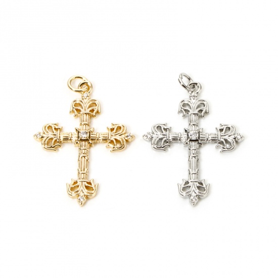 Imagen de 1 Piece Eco-friendly Brass Religious Pendants Real Gold Plated Cross Clear Cubic Zirconia 3.3cm x 2.2cm