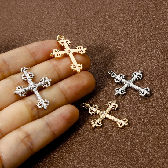 Imagen de 1 Piece Eco-friendly Brass Religious Pendants Real Gold Plated Cross Clear Cubic Zirconia 3.3cm x 2.2cm