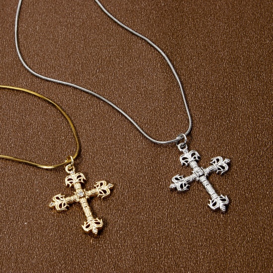 Imagen de 1 Piece Eco-friendly Brass Religious Pendants Real Gold Plated Cross Clear Cubic Zirconia 3.3cm x 2.2cm