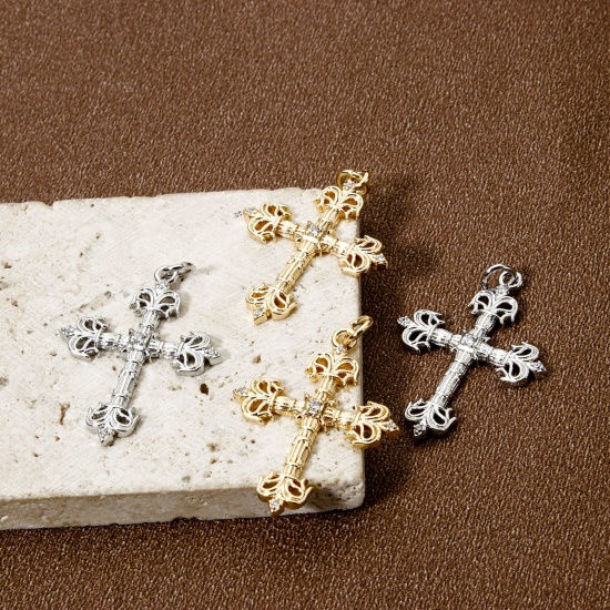 Imagen de 1 Piece Eco-friendly Brass Religious Pendants Real Gold Plated Cross Clear Cubic Zirconia 3.3cm x 2.2cm